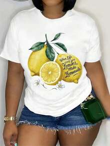 Camiseta Casual de Cuello Redondo para Mujer - Camiseta Gráfica con Estampado "When Life Gives You Lemons Make Lemonade" - Top Ligero y Transpirable para Uso Diario - Camiseta con Estampado de Limones Lavable a Máquina para Mujer, Diseño Gráfico Divertido - Blanco - Ver 6