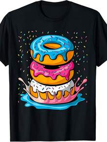 Camiseta Estampada para Mujer - Camiseta Casual de Manga Corta y Cuello Redondo en Negro con Gráfico Colorido de Donut y Confeti, Corte Relajado para Todas las Estaciones, Perfecta para el Uso Diario y Celebraciones, Lavable aáquina. - Negro - Ver 6