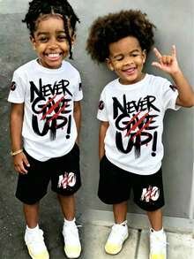 Boys' Round White Neck T-Shirt & And Shorts Set Casual Outfit, Casual And Comfortable Spring And Summer Short-Sleeved Printed 2 Set - 白色 - 查看 1