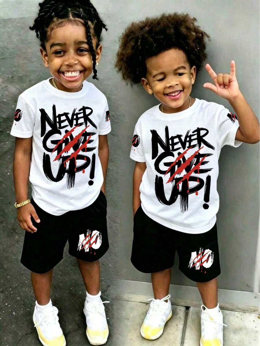 Boys' Round White Neck T-Shirt & And Shorts Set Casual Outfit, Casual And Comfortable Spring And Summer Short-Sleeved Printed 2 Set - 白色 - 查看 1