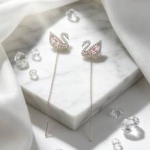Bông tai đôi hình thiên nga màu hồng cổ điển thời trang SWAROVSKI SWAN, kiểu khuyên tai xỏ chỉ, dành cho nữ, quà tặng sinh nhật, quà tặng Giáng sinh, quà tặng Ngày của Mẹ. - Hồng - Xem 1