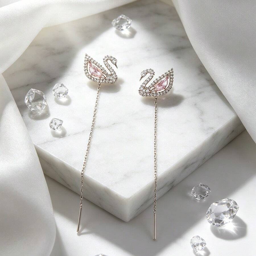 Bông tai đôi hình thiên nga màu hồng cổ điển thời trang SWAROVSKI SWAN, kiểu khuyên tai xỏ chỉ, dành cho nữ, quà tặng sinh nhật, quà tặng Giáng sinh, quà tặng Ngày của Mẹ. - Hồng - Xem 1