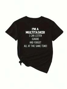 Camiseta de Mujer con Estampado de Letras y Cuello Redondo, 100% Algodón, Ropa de Verano para Mujer, Top Casual de Manga Corta para Primavera y Verano, Ropa de Mujer, Camiseta de Mujer - Negro 1 - Ver 6