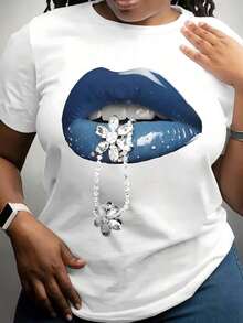 Gift: 1 White Women's T-Shirt With Blue Lips Print And Diamond Chain, Round Neck, Casual Cotton T-Shirt, Medium Elasticity Knit Fabric, Regular Fit For Ladies, For Spring/Summer/Autumn, Soft. - 白色 - 查看 6