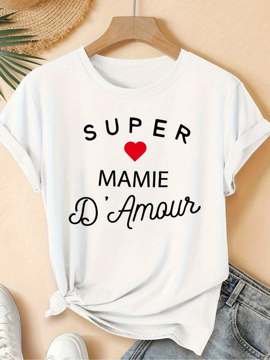 Camiseta ligera estampada, informal para mujer, ropa de vacaciones, manga corta, cuello redondo, primavera/verano, lavable a máquina, nueva moda femenina, versátil para salir, atuendo casual diario. - Blanco - Ver 1