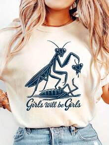 Camiseta ligera de corte holgado con estampado "Will Be" - Linda camiseta de color crema con ilustraciones de mantis e insectos. |   Ropa casual de moda para mujer |   Tela suave y mezclada |   Camiseta holgada de manga corta |   La elección ideal para la moda de verano y el uso diario. - Blanco - Ver 6