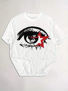 1 pieza de camiseta de cuello redondo con estampado de ojos grandes, estilo Y2K, ropa de verano para hombre, camiseta holgada, para verano al aire libre, moda urbana, 180g, 100% algodón. - Blanco - Ver 2