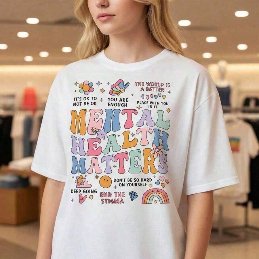 Women's Casual Cotton T-Shirt With "Mental Health Matters" Graphic Print, Short Sleeve Casual Tee With Inspirational Quotes, Colorful Print, Loose Fit, Soft Cotton Material, Everyday Wear, Mental Health Awareness T-Shirt | Exquisite Design | Loose And Comfortable | Easy To Match | Fashion - 白色 - 查看 1