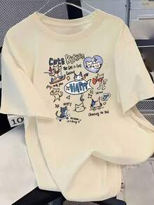Women's American Summer Short Sleeve T-Shirt, Preppy Style With Graffiti, New, Loose Fit, Printed, Versatile, Cute Cartoon T-Shirt - 杏 - 查看 4