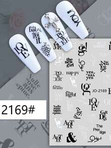 3/6 Sheets 3D Letter Nail Stickers Black White Word Text Nail Decals Self Adhesive English Typography DIY Nail Art Decor - Black and White - View 7