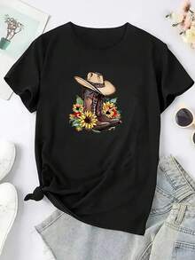 ropa de mujer  Conjunto de blusas para mujer, 1 pieza. Blusas hermosas para mujer, conjuntos de ropa para mujer, camiseta de 180 g, estampado en blanco y , botas de vaquero y girasoles. Impresión de alta calidad, cuello redondo básico, corte holgado para hombres y mujeres. Transpirable, versátil, lavable a máquina, cómodo. Talla S ~ 3XL. Ideal para uso diario, casual, deportivo, esencial para el verano. camisas de mujer - Negro - Ver 2