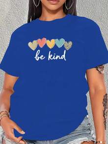Camiseta de manga corta para mujer, cinco colores. Camiseta con Estampado de Corazón "Be Kind" para Mujer, Nueva Colección de Verano, Estampado de Leopardo, Camiseta con Frase Minimalista, 100% Algodón - Azul - Ver 6