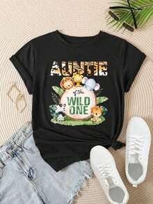 Camiseta Casual de Manga Corta para Mujer - Diseño "Tía del Salvaje" con Animales Lindos, Cuello Redondo, Top de Verano, Lavable a Máquina, Camisetas para Damas, Ropa Casual, Estilo Moderno, Ajuste Cómodo
Patrón blanco - Negro - Ver 2