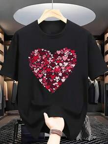 Soft T-Shirt With Romantic Heart Print - Casual Short-Sleeved Crew Neck T-Shirt, Couple Style, Sweet And Fashionable For Dates And Shopping, Sweet Style T-Shirt, Fun Design, Soft Fabric, Unisex, 2 T-Shirts For Men, Plus Size T-Shirt For Men, Elegant Blouses For Women. - 黑色 - 查看 1
