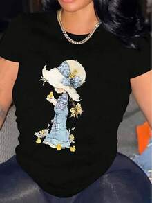 1 camiseta casual de manga corta para mujer, 100% algodón grueso - cuello redondo cómodo, suave y bonita, 180g 100% algodón. - Negro - Ver 1
