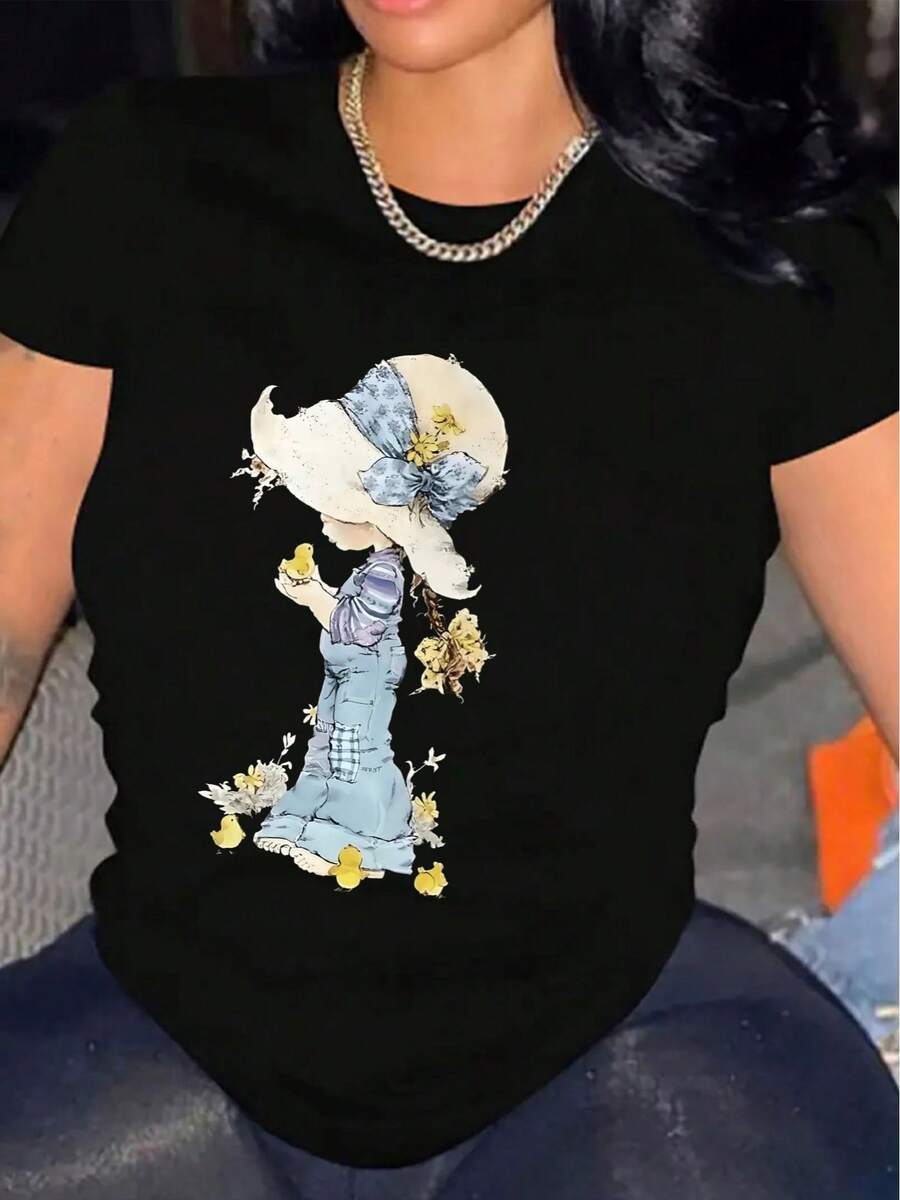 1 camiseta casual de manga corta para mujer, 100% algodón grueso - cuello redondo cómodo, suave y bonita, 180g 100% algodón. - Negro - Ver 1