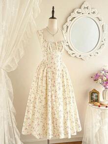 Vestido elegante vintage de mujer con bolsillos, con Body fruncido con estampado floral diminuto, tirantes de espagueti, vestido casual para fiesta, vacaciones y verano, vestidos de verano para mujer, vestido de graduación, vestido de cumpleaños, vestido de boda para invitada, vestido de primavera para mujer, vestido de vacaciones para mujer - Albaricoque - Ver 5