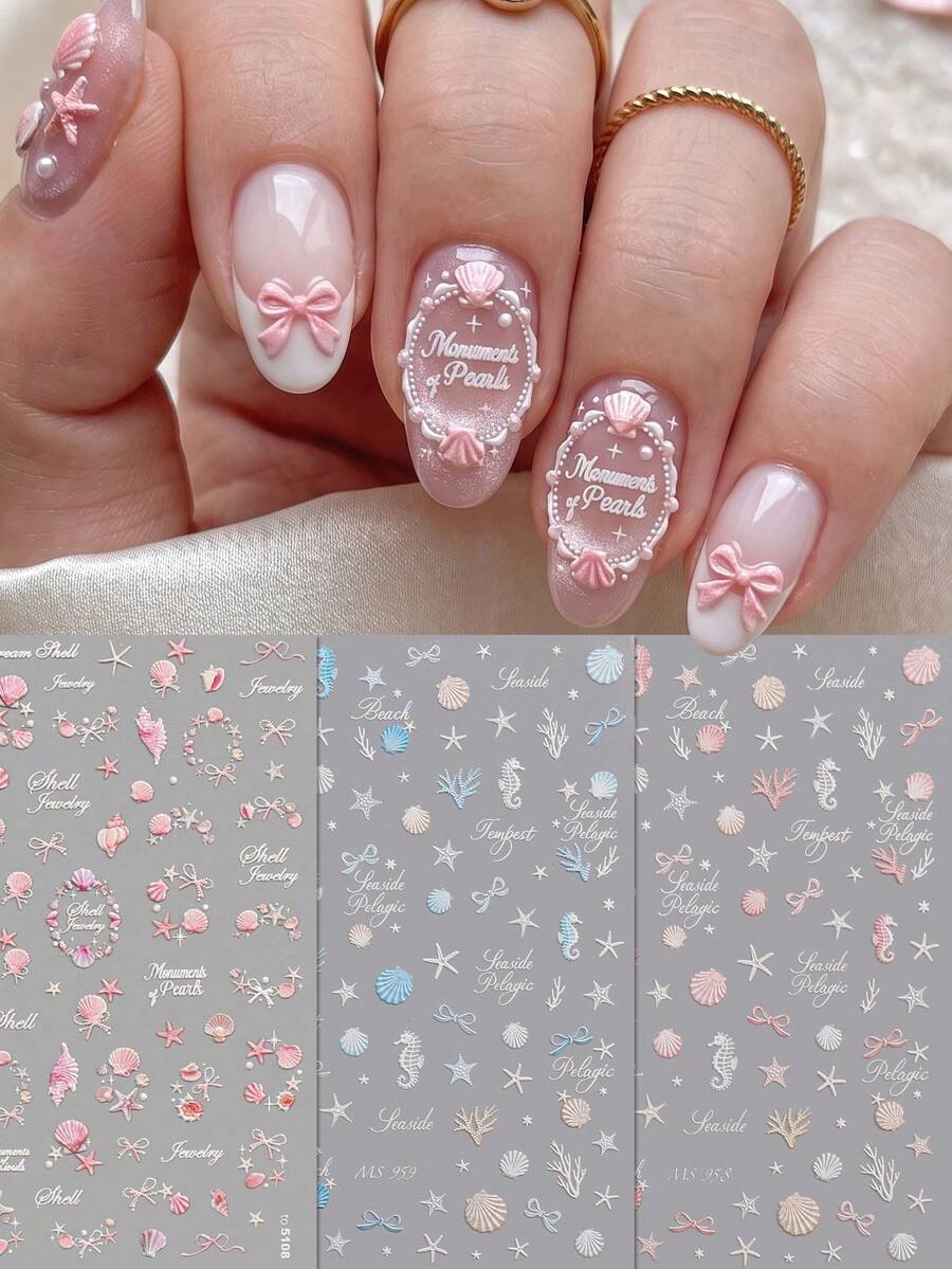 QIANJIKU 3片装5D立体美人鱼珍珠美甲贴纸 - 梦幻海洋贝壳海星3D美甲贴花 - 适合春夏、婚礼、毕业典礼、海滩度假DIY装饰