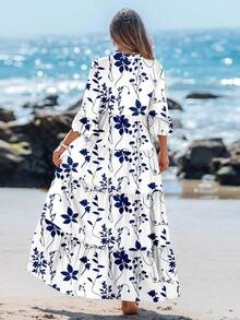 Long-Sleeved V-Neck Pleated Maxi Dress With Blue And White Floral Print, Suitable For Spring And Summer, Sundresses For Women, Shirt Dresses For Women In Autumn, Elegant Holiday Dress - 黑色 - 查看 9