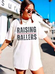 Baseball Mama Shirt, Raising Ballers Shirt, Funny Mama Shirt, Baseball Season, Softball Mom, Funny Baseball Shirt, Game Day Comfort Fit Short Sve Clic Hey Cotton T Shirt Printed Graphic T Summer Outfits For Women Oversized T Shirt - 白色 - 查看 1