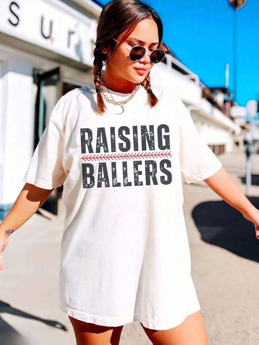 Baseball Mama Shirt, Raising Ballers Shirt, Funny Mama Shirt, Baseball Season, Softball Mom, Funny Baseball Shirt, Game Day Comfort Fit Short Sve Clic Hey Cotton T Shirt Printed Graphic T Summer Outfits For Women Oversized T Shirt - 白色 - 查看 1