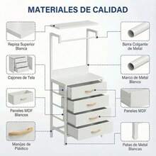 Mesita de Noche con Tira de Luz LED y Enchufe Buros para Recámara con 4 Cajones de Tela Mesa Auxiliar con Estante de 2 Niveles para Dormitorio y Sala Blanco - Blanco - Ver 6