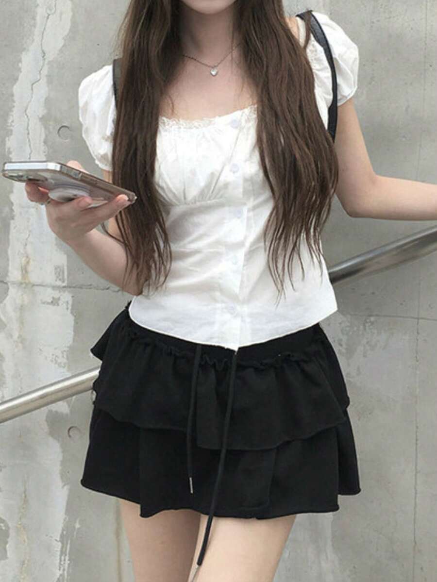 Korean Style Summer Minimalist Ruffle Lace Patchwork Short Sleeve Blouse White - White - View 1