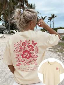 1 Piece Of Women's Short-Sleeved T-Shirt, New Summer Collection, Casual, Floral And Letter Print, Loose Fit, Versatile, Round Neck, Dark Gray Color, Fashionable For Everyday Wear And Vacation. - 杏色 - 查看 1