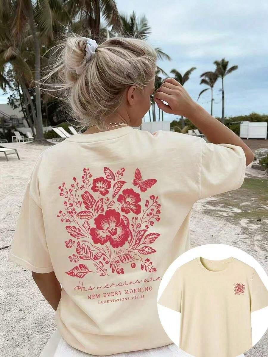 1 Piece Of Women's Short-Sleeved T-Shirt, New Summer Collection, Casual, Floral And Letter Print, Loose Fit, Versatile, Round Neck, Dark Gray Color, Fashionable For Everyday Wear And Vacation. - 杏色 - 查看 1