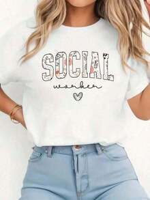1 Piece White T-Shirt, Cute Floral T-Shirt Supporting Social Work Month, Casual Short Sleeve Crew Neck T-Shirt For Women - Perfect For The Holiday Season And Outdoor Activities, 180g 100% Cotton, Patterns Are Fully Printed. Unisex. 180g 100% Cotton - 白色 - 查看 7