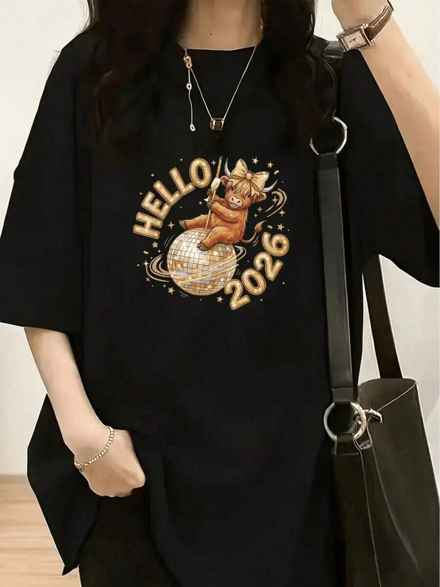 1 Piece Of Women's Fashion T-Shirt, Spring-Summer, With A White Teddy Bear Wearing Fashionable Glasses And Red And Blue Striped Pants, 180g, 100% Cotton. - 黑色 11 - 查看 1