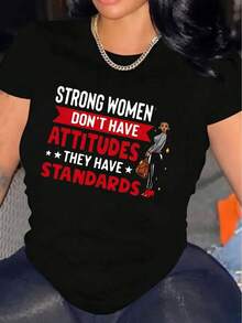 Strong Women Have Standards - Women's T-Shirt With Inspirational Quote Print, Black Top - Vintage Urban Style, Unisex, Cotton, Short Sleeve, Crew Neck - 黑色 - 查看 6