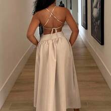 New Asymmetrical Hollow-Out Backless Criss-Cross Strap Detail Long Dress, Casual Resort Style, Spring/Summer - B - Color caoba - Ver 3