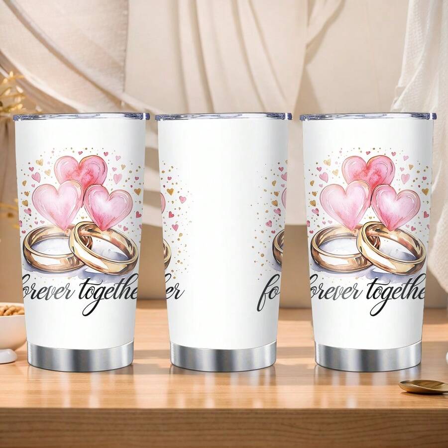 1/5個 20盎司不鏽鋼真空保溫杯,防漏杯蓋,Forever Together婚戒與愛心圖案,適用於汽車杯架,清新婚禮杯,適合婚禮伴手禮、情侶禮物、日常通勤、戶外旅行 - 婚禮2 - 查看 1