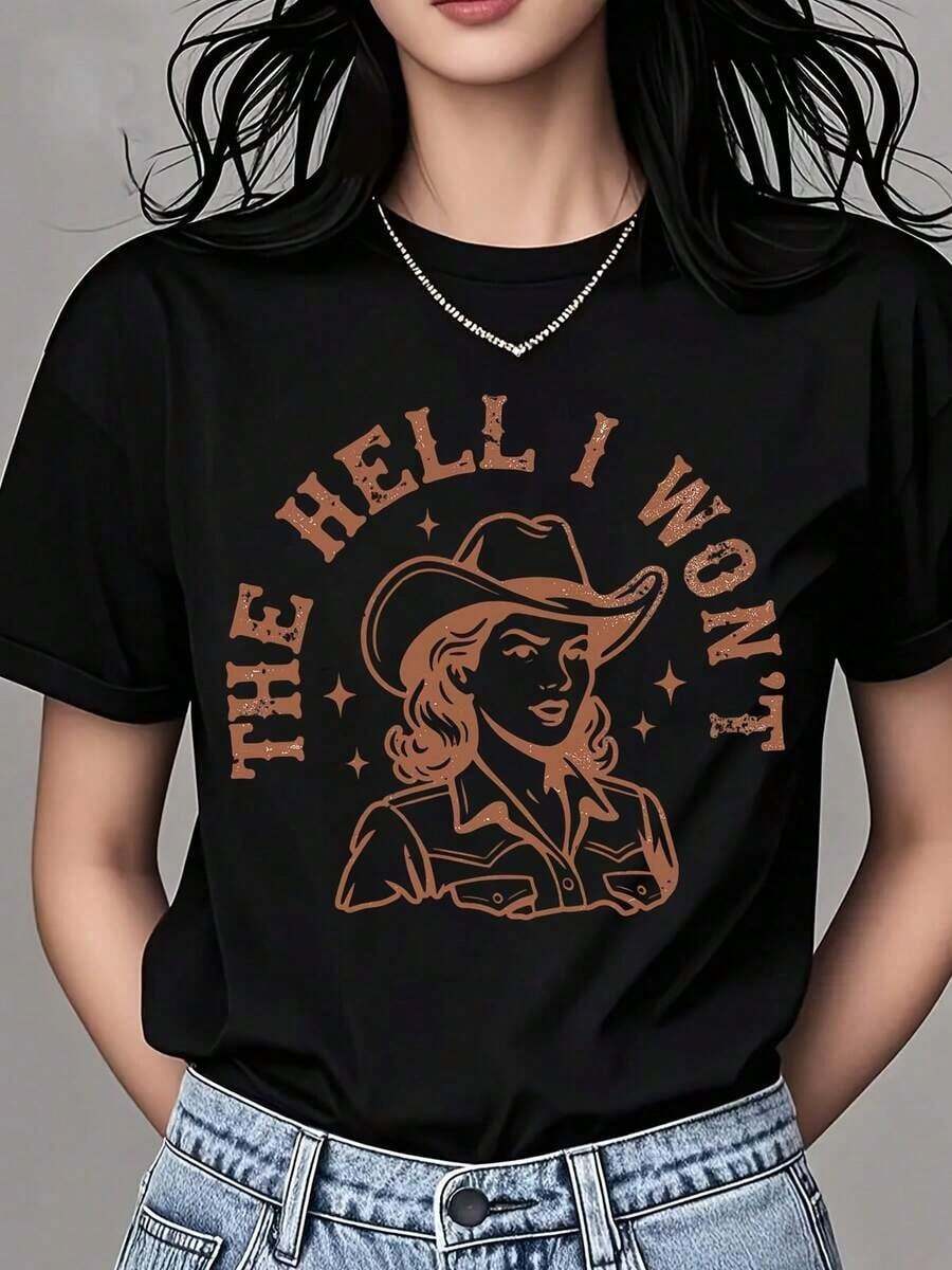 Women's Clothing Women's Crew Neck T-Shirt With Cowgirl Print With Hat And The Phrase "I Won't Text", Short Sleeve, Casual Wear For Daily Outings And Western Style Events, Women's Shirts - 黑色 - 查看 1