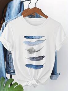 Women's Crew Neck Short Sleeve T-Shirt, 100% Cotton, Light Pink And Grey-Blue Bow Art Print, Regular Fit, Lace-Up Sleeves, Soft Fabric, Multi-Season 1 Piece - 白色 - 查看 4