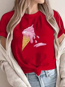Women's Casual T-Shirt, Ice Cream Print, Short Sleeve, 100% Polyester, Crew Neck, Regular Length Knit Fabric For All Seasons - Available In Pink And Red, 100% Cotton, Durable - 紅色 - 查看 6