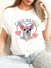 Chihuahua Mom T-Shirt - Black Graphic Tee With 'CHIHUAHUA' And 'MAMA' Text In Gradient Colors | Heart And Chihuahua Illustration, Perfect Mother's Day And Valentine's Day Gift For Chihuahua Lovers, Soft Casual T-Shirt, Y2K Style - 白色 - 查看 6