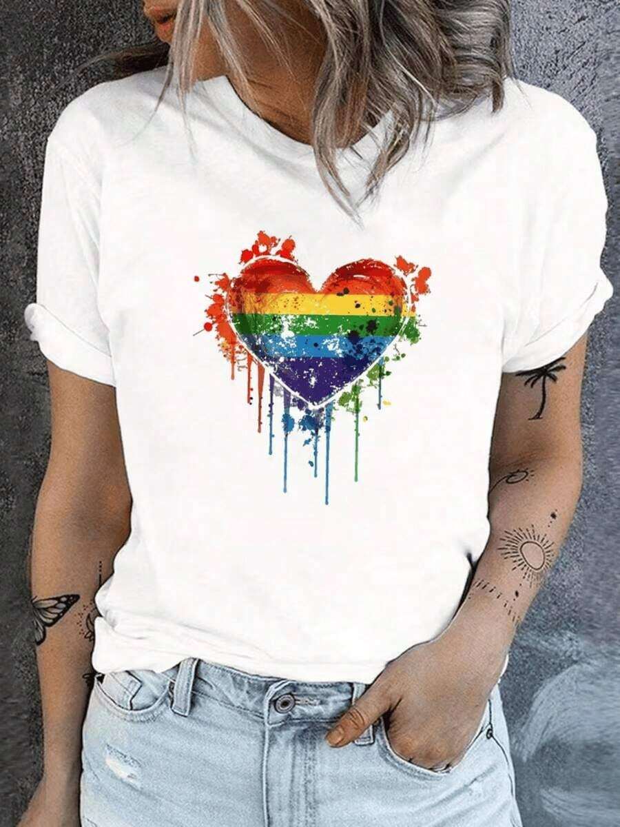 Women's LGBTQ Pride T-Shirt With Rainbow Heart And Geometric Rainbow Print - Casual Crew Neck Top, Suitable For All Seasons, Machine Washable, LGBTQ+ Clothing, Women's Blouses - 白色 - 查看 1