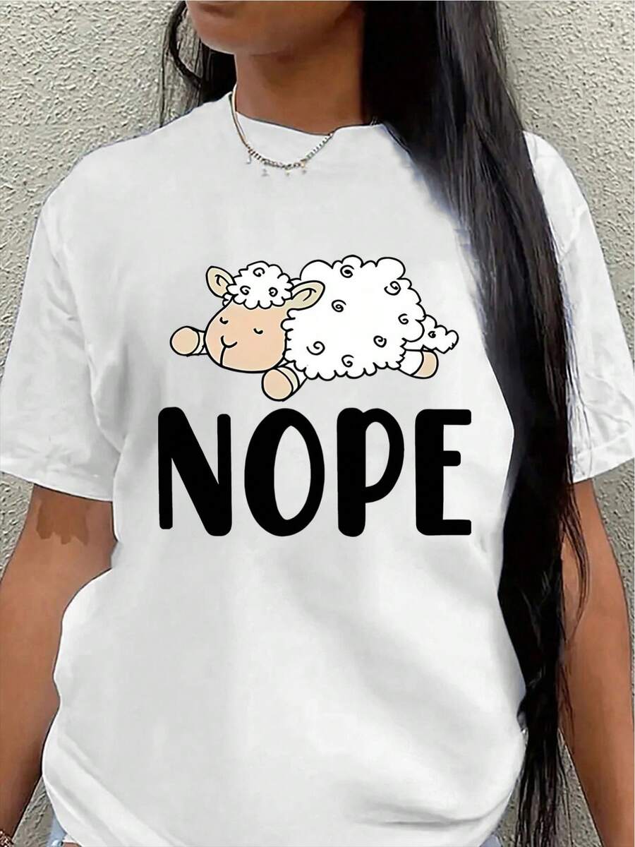 Camiseta de manga corta, ligera y duradera, estampada con la palabra "NOPE" y un diseño de oveja, perfecta para uso casual en casa, en la oficina o en un restaurante.blusas para mujer>ropa - Blanco - Ver 1