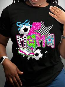 Women's Cotton T-Shirts, "Soccer Mom" T-Shirt For Women, Fun Gift For Soccer Mom, Colorful Design With Soccer Ball And Cleats, Pink And Printed Letters, Sporty Outfit For Mom For Game Day Or Mother's Day, Basic Women's Blouses. - 黑色 - 查看 2
