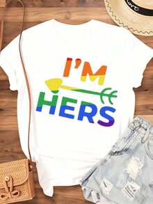 Women's Cotton T-Shirts I M Hers Rainbow Pride T-Shirt For LGBTQ Plus Couple Matching Outfit Pride Month Festival Party Wear, Basic Women's Blouses - 白色 - 查看 3