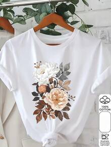Women's Plus Size Black Floral Shirt - Elegant White And Brown Floral Print (Pink Peonies) - Soft Casual Everyday Blouse - Breathable Spring/Summer Blouse - Machine Washable Women's Clothing, Summer Set, Fashion Shirt, Cam - 白色 - 查看 1