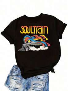 Women's Mexican Sports T-Shirt, Plus Size, With Soul Train Print, Stretch Polyester Fabric, Colorful Casual Style - Ideal Holiday Gift. Relaxed Fit Plus Size T-Shirt. Summer Fashion Cotton T-Shirt. - 黑色 - 查看 6