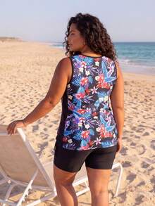 Women's Tropical Floral Print Tankini Swimwear Set, Plus Size V-Neck Swimwear With Shorts, Suitable For Beach Vacation Black - Black - View 3