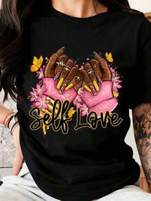 Women's Casual T-Shirts With A Hand And Flower Design And The Word "Love," Perfect For Everyday Wear Or As A Gift For Her. Made Of Cotton. - 黑色 - 查看 6