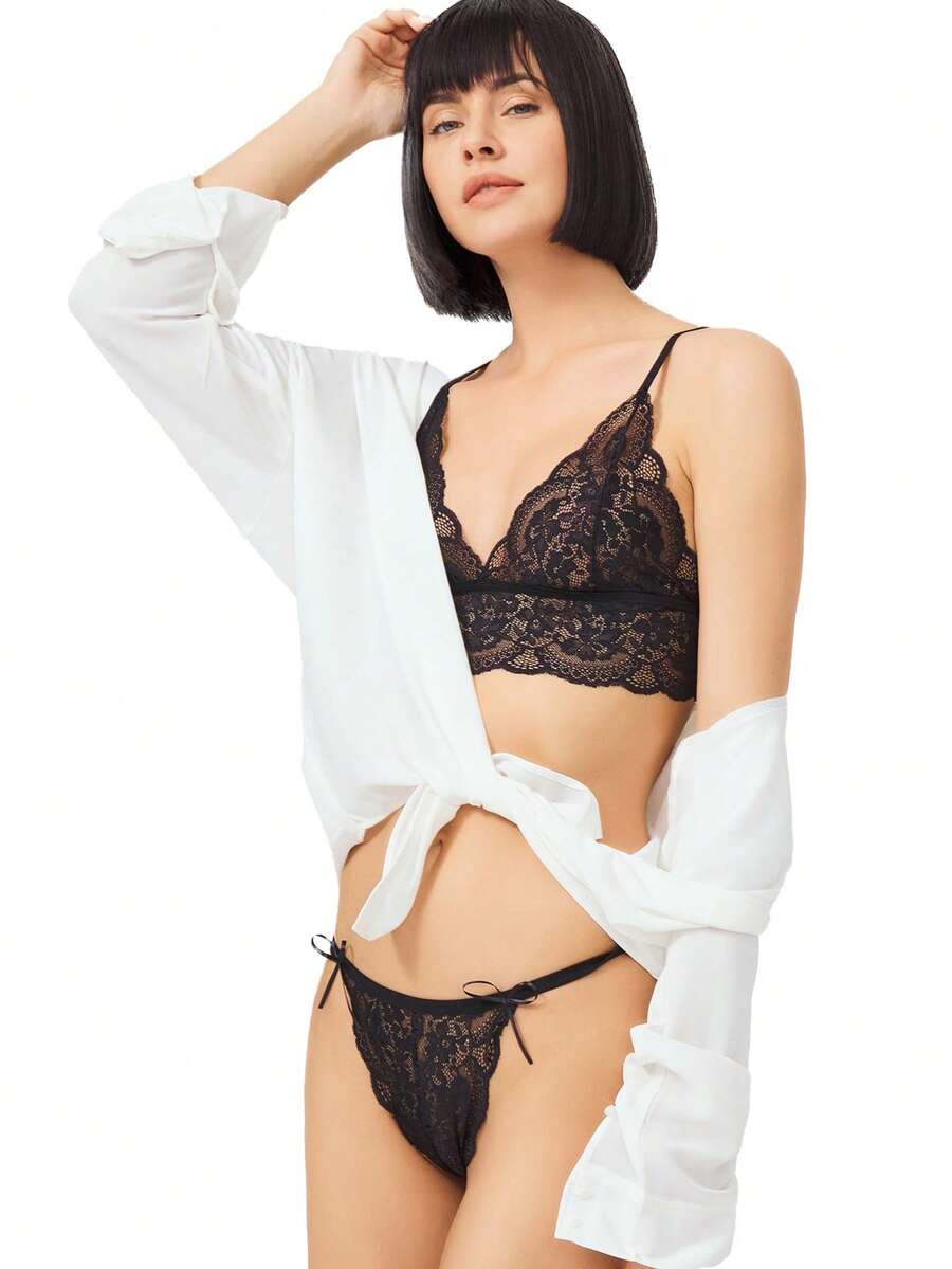 Lace Transparent Wireless Women's Bra Set, Top And Bottom - Black - View 1