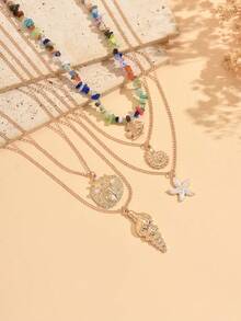 5pcs/Set Beachy Colorful Stone Necklace Set, Multi-Layer Design With Seashell Pendants, Suitable For Daily Wear, Beach Vacation And Music Festivals. The Number, Size And Color Arrangement Of The Stones Are Random. - Multicolor - View 3