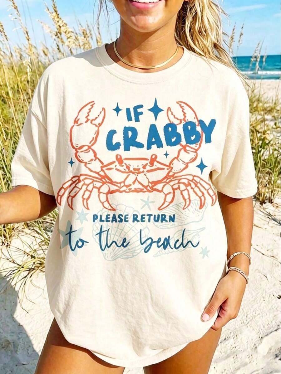 Suave If Crabby Please Return To The Beach Camiseta con Gráfico de Cangrejo de Doble Cara, Camisetas con Gráficos de Estética Costera para Mujer, Conjuntos de Verano para Mujer, Conjuntos de Vacaciones para Mujer, Ropa Casual Urbana, Estética Retro de Playa, Camisetas de Estilo Playero, Camisetas Gráficas Oversized, blusas casuales, playeras de mujer de algodón - Albaricoque 1 - Ver 1