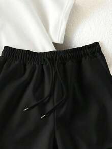 Conjunto casual diario de top de manga corta de cuello redondo de unicolor y shorts con cordón en la cintura para mujer - Blanco - Ver 4